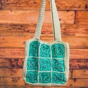 Cottage Core Granny Square Purse Teal White 14"x14"x2.5" Handmade Bag‎